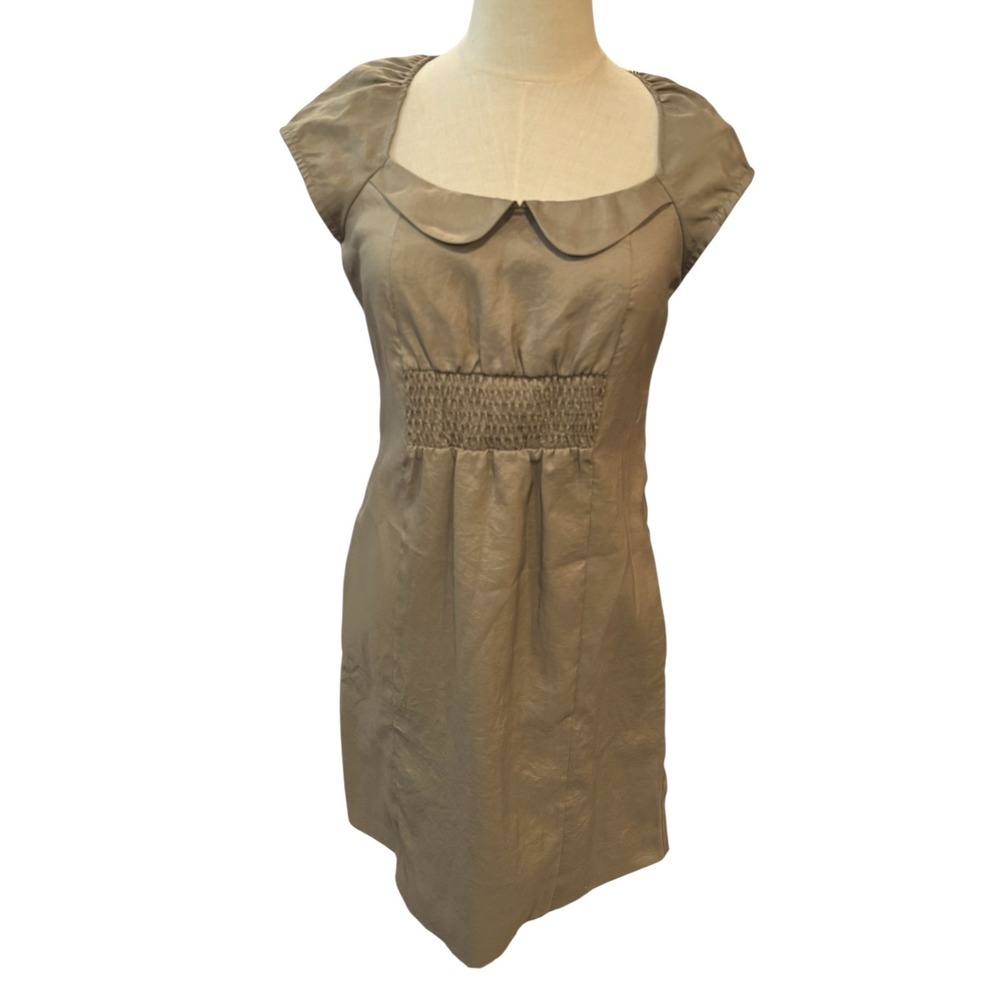 Maeve‎ Anthropologie Taupe Metallic Smocked Peter Pan Collar Mini Dress Sz 0 mod
